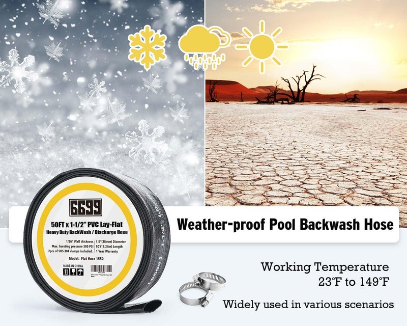 6699 Heavy Duty Discharge Hose PVC Lay Flat Water Tubing with Clamps Easy to Use Weather and Burst Resistant for Pools 1-1/2” ID x 50FT Drainage Kit - Image 4